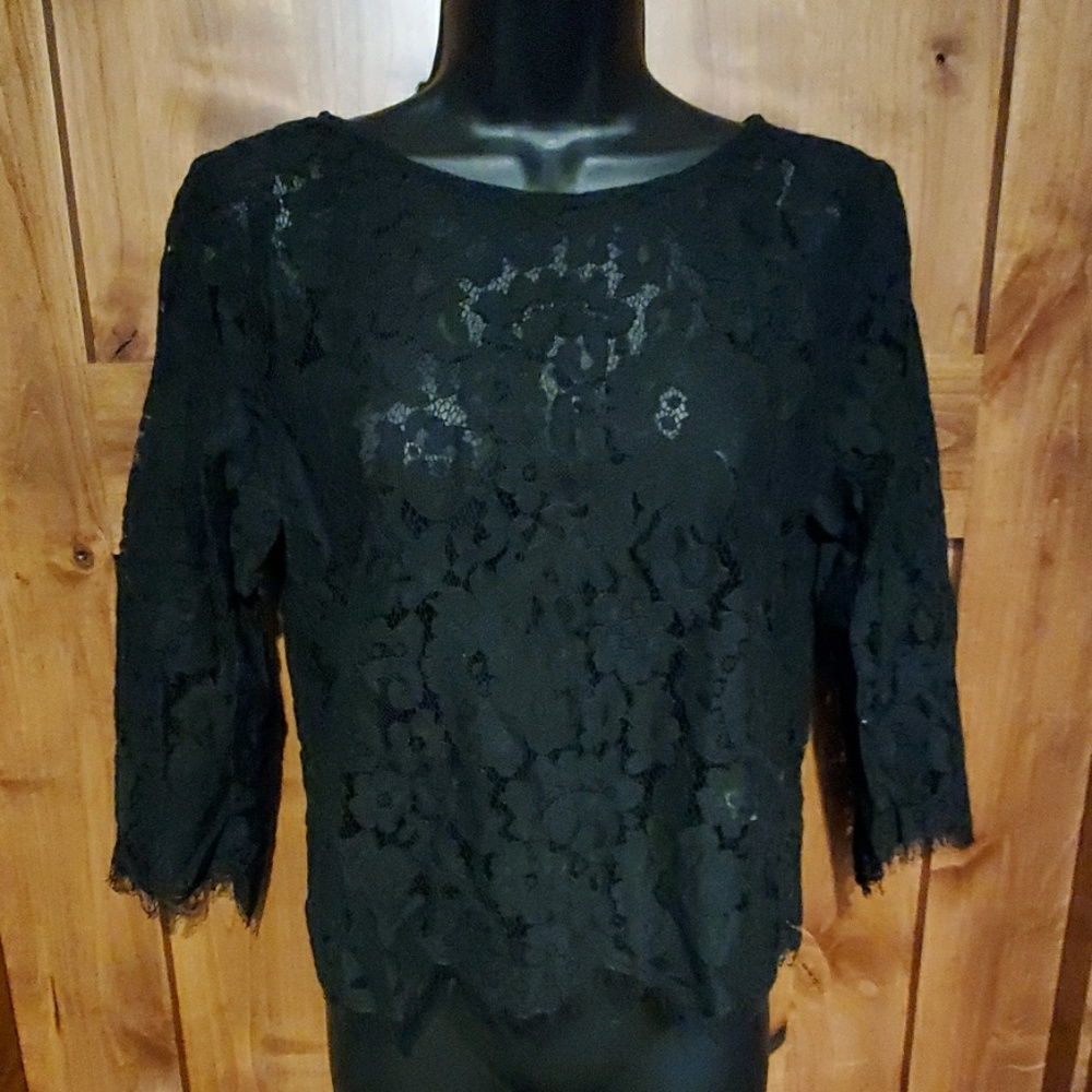 Anthro Bishop and Young floral black lace crop top